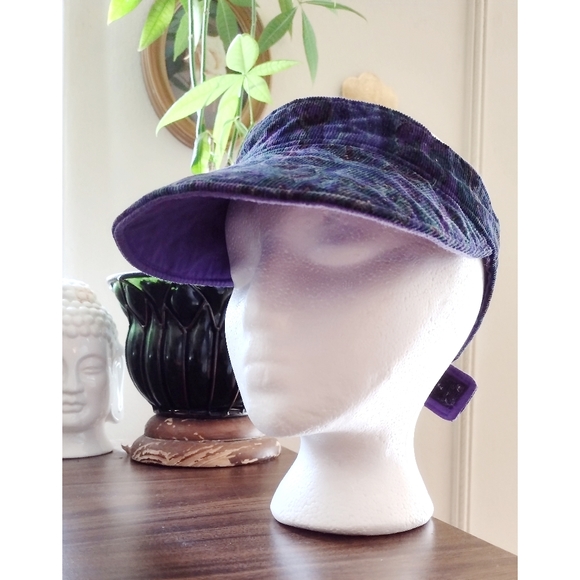 Vintage Accessories - Vintage Sun Visor Foldable Hat Floral Paisley Lightweight Purple Corduroy